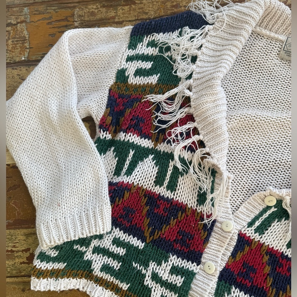 Vintage 90s Cardigan Knit Sweater Southwestern Fair Isle Fringe Collar | Size L